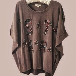 Blue Velvet Floral-Appliqué Colorful Star Patchwork Top